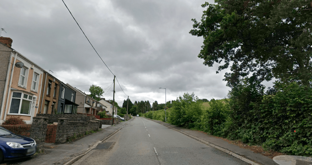 Google Maps screenshot of Llangyfelach Road showing existing homes on one side of the street and green fields that will be developed for housing on the other.