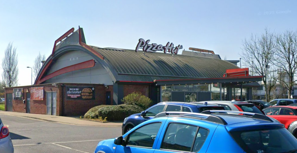 Front view of Pizza Hut restaurant at Parc Trostre, Llanelli, seen from the car park.