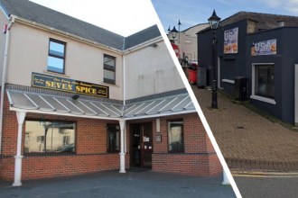 Side‑by‑side montage of Seven Spice, Pembroke Dock, and USA Fried Chicken, Milford Haven, taken from Google Maps.