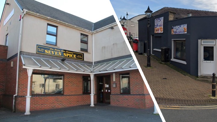 Side‑by‑side montage of Seven Spice, Pembroke Dock, and USA Fried Chicken, Milford Haven, taken from Google Maps.