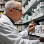 Generic stock photo of a pharmacist looking at medicines on a shelf, used to illustrate pharmacy services.