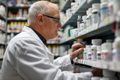 Generic stock photo of a pharmacist looking at medicines on a shelf, used to illustrate pharmacy services.
