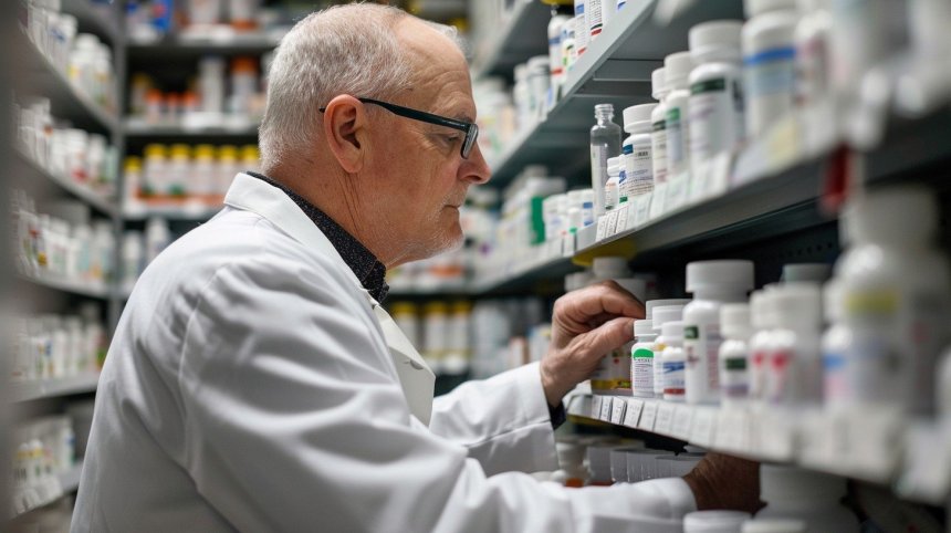 Generic stock photo of a pharmacist looking at medicines on a shelf, used to illustrate pharmacy services.