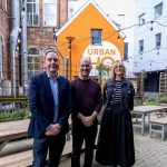 Cllr Rob Stewart with Urban HQ Directors Dr Ben Reynolds and Tara Tarapetian outside the newly opened Urban HQ in Swansea city centre.