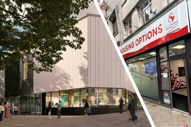 Montage showing CGI of Y Storfa hub and photo of Swansea Council’s Housing Options office on High Street.