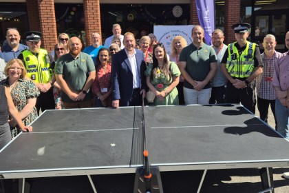 Group photo showing Swansea Council, South Wales Police and partner organisations at the launch of the City Chill summer activities in St David’s Square, Swansea.