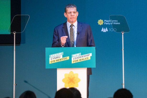 Rhun ap Iorwerth speaking at Plaid Cymru’s 2025 annual conference in Swansea, where the party pledged a white paper on Welsh independence but ruled out a referendum in its first term.