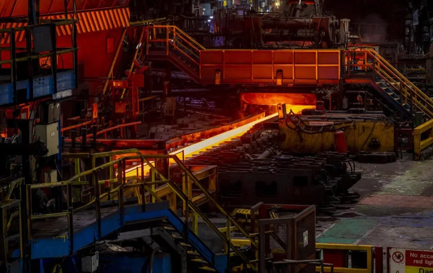 Interior view of the hot mill at Tata Steel’s Port Talbot steelworks.