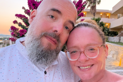 Portrait of Swansea couple Matthew and Kate Lewis, who credit Specsavers Swansea with saving Matthew’s life after a routine eye test revealed a brain tumour.
