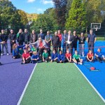 Council leader John Spanswick, Cabinet Member Cllr Paul Davies, Mayor Gavin Thomas, Jack Sargeant MS and Stephen Kinnock MP join pupils from St Mary’s & St Patrick’s RC Primary School at the official reopening of refurbished netball and basketball courts in Maesteg.