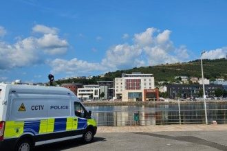 Police van with CCTV kit parked at Kings Dock, SA1 Swansea.