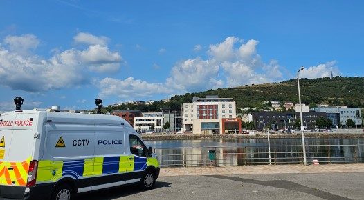 Police van with CCTV kit parked at Kings Dock, SA1 Swansea.