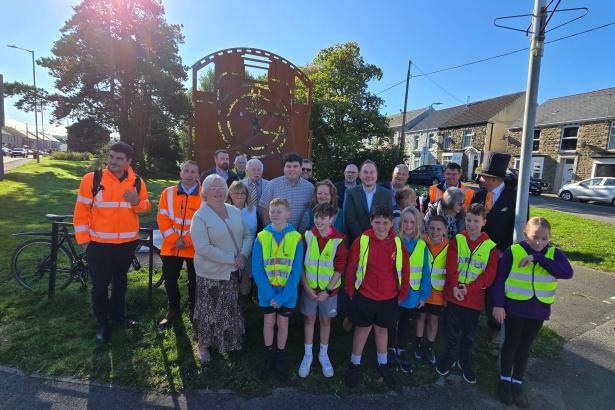 Steam locomotive sculpture at Sterry Road, Gowerton, unveiled as part of Swansea Council’s Active Travel placemaking programme.