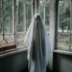 person in ghost costume standing beside windows