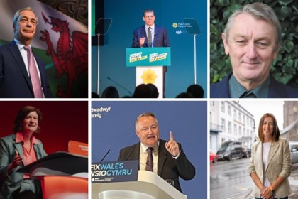 A collage of six Welsh party leaders in two rows: top row Nigel Farage, Rhun ap Iorwerth, Anthony Slaughter; bottom row Eluned Morgan, Darren Millar, Jane Dodds.