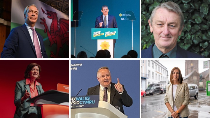 A collage of six Welsh party leaders in two rows: top row Nigel Farage, Rhun ap Iorwerth, Anthony Slaughter; bottom row Eluned Morgan, Darren Millar, Jane Dodds.