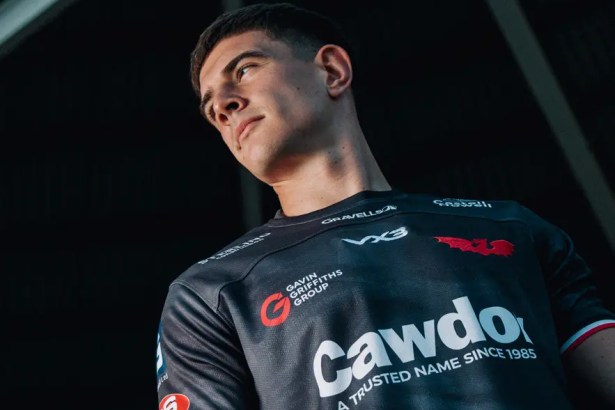 One Scarlets rugby player wearing the new grey away kit with Sosban Fach lyrics printed on the jersey.