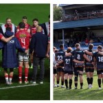 Montage image showing Scarlets players in a huddle on the left and Ospreys players in a huddle on the right, both with backs to camera. Credit: Scarlets/Ospreys.