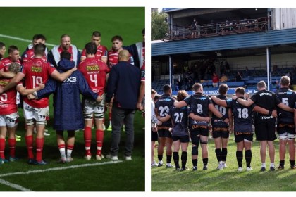 Montage image showing Scarlets players in a huddle on the left and Ospreys players in a huddle on the right, both with backs to camera. Credit: Scarlets/Ospreys.