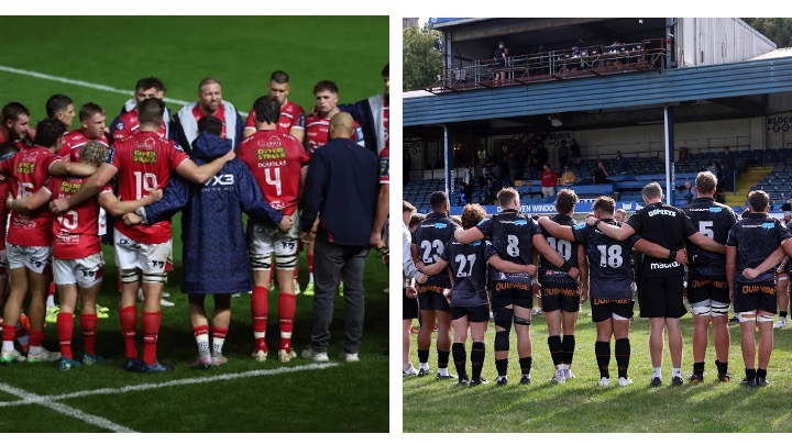 Montage image showing Scarlets players in a huddle on the left and Ospreys players in a huddle on the right, both with backs to camera. Credit: Scarlets/Ospreys.