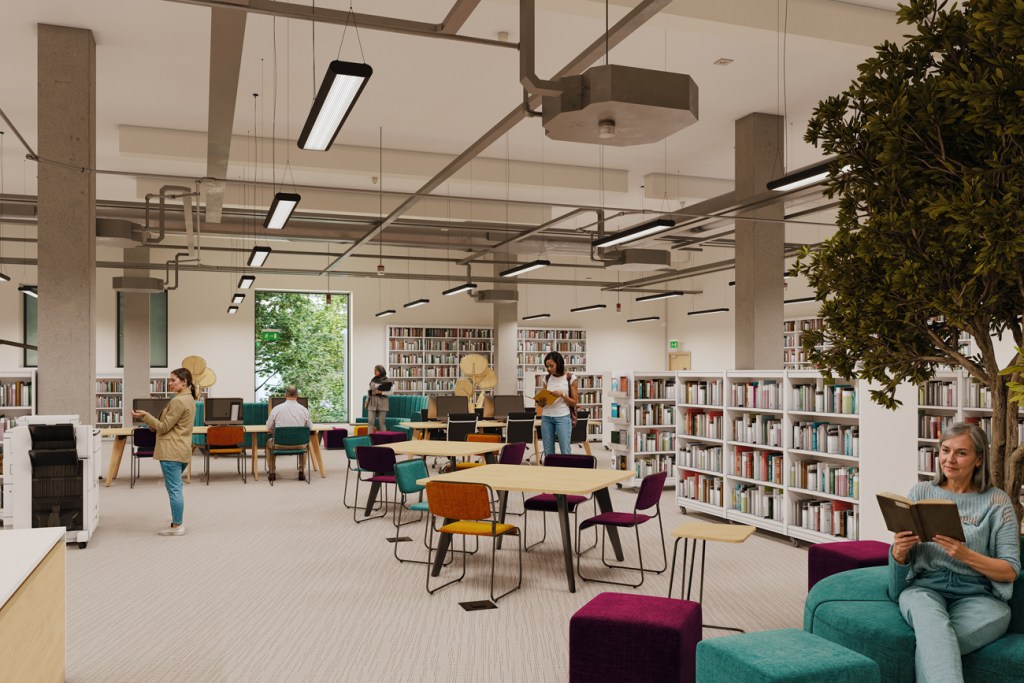 CGI design showing the planned interior of Swansea Central Library at Y Storfa.