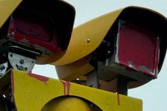 Speed camera on Llangyfelach Road in Swansea sprayed with red paint after vandalism.