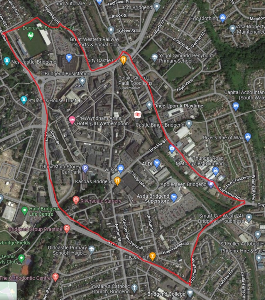 Satellite map of Bridgend town centre with a red outline marking the dispersal zone for a police order targeting anti-social behaviour.