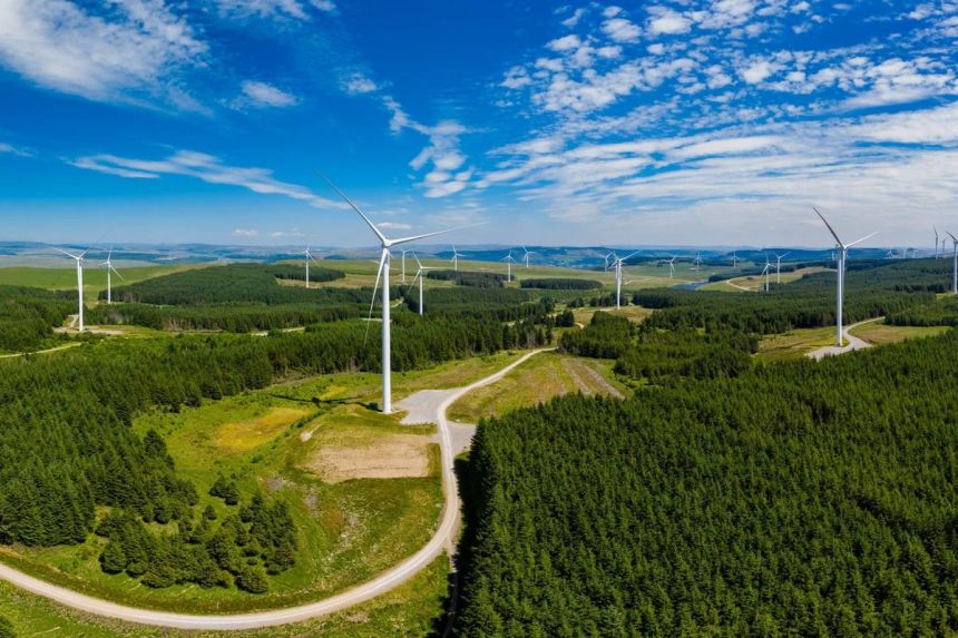 Conceptual image of a wind farm with tall turbines across forested hills, representing the proposed Y Bryn site near Port Talbot