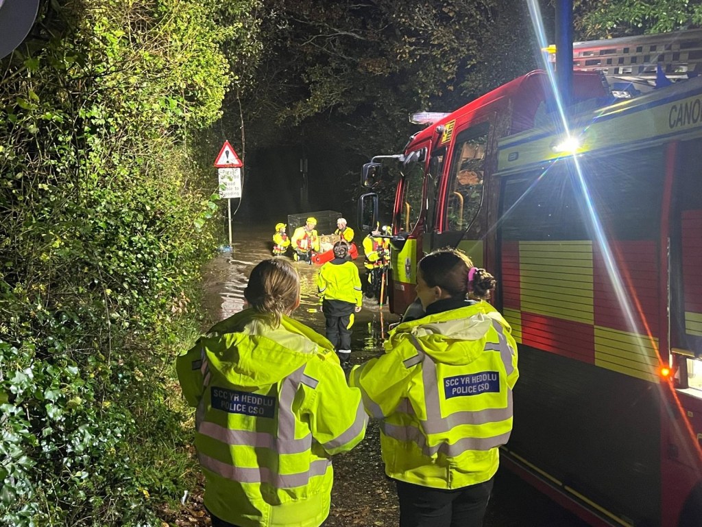 Firefighters carrying dogs through deep floodwater during the rescue at Glanrhyd Dog Sanctuary in Kidwelly.