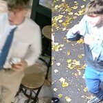 CCTV montage showing two young men: one inside BrewStone wearing a white shirt, blue tie and beige trousers holding a drink; the other outside on a leaf‑covered pavement wearing a light blue jacket, white shirt and jeans. Police are appealing for information to identify them.