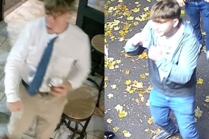 CCTV montage showing two young men: one inside BrewStone wearing a white shirt, blue tie and beige trousers holding a drink; the other outside on a leaf‑covered pavement wearing a light blue jacket, white shirt and jeans. Police are appealing for information to identify them.