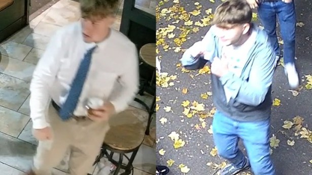 CCTV montage showing two young men: one inside BrewStone wearing a white shirt, blue tie and beige trousers holding a drink; the other outside on a leaf‑covered pavement wearing a light blue jacket, white shirt and jeans. Police are appealing for information to identify them.