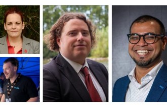 Composite image showing Welsh Labour’s top four ranked Senedd candidates for Brycheiniog Tawe Nedd: Dr Mahaboob Basha on the right, Alex Sims in the centre, Sarah Thomas in the top left, and Elliot Wigfall in the bottom left.