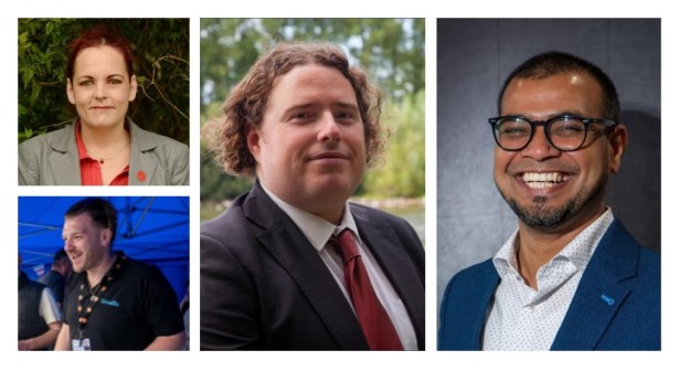 Composite image showing Welsh Labour’s top four ranked Senedd candidates for Brycheiniog Tawe Nedd: Dr Mahaboob Basha on the right, Alex Sims in the centre, Sarah Thomas in the top left, and Elliot Wigfall in the bottom left.