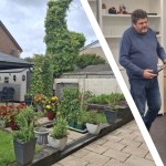 Clive Jeffries’ garden in Gorseinon with potted plants and gazebo, alongside indoor community discussion