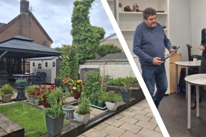Clive Jeffries’ garden in Gorseinon with potted plants and gazebo, alongside indoor community discussion
