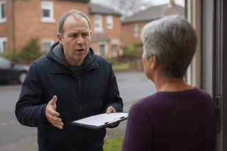 Middle-aged man with clipboard speaking to older woman at her doorstep in a suburban Carmarthenshire street.