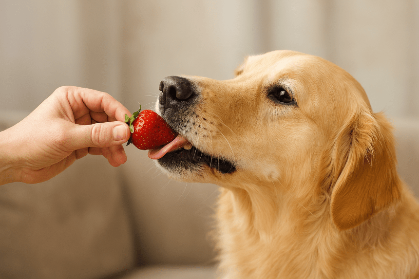 Golden Retriever reaching for a strawberry held by its owner’s hand, indoors with soft lighting.