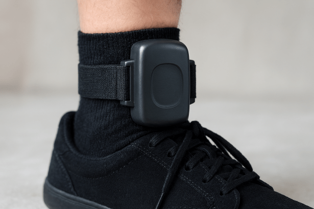 Closeup of a GPS ankle monitoring tag worn over a sock and shoe.