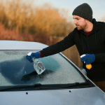 Man de-icing car windscreen with spray bottle and lemon on frosty morning