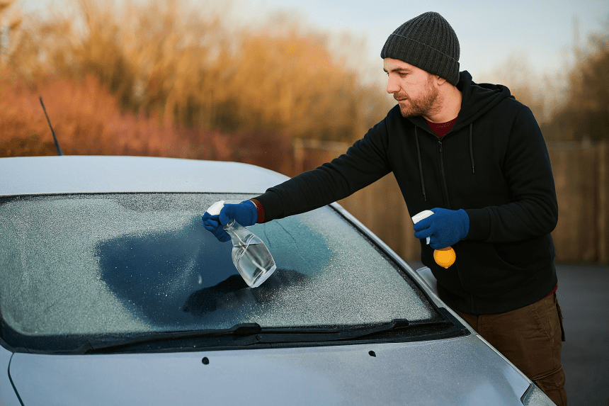 Man de-icing car windscreen with spray bottle and lemon on frosty morning