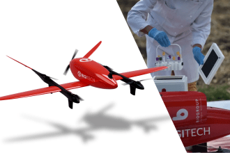 Red autonomous medical drone designed for Dragon’s Heart project, supporting Welsh Blood Service and NHS Wales.