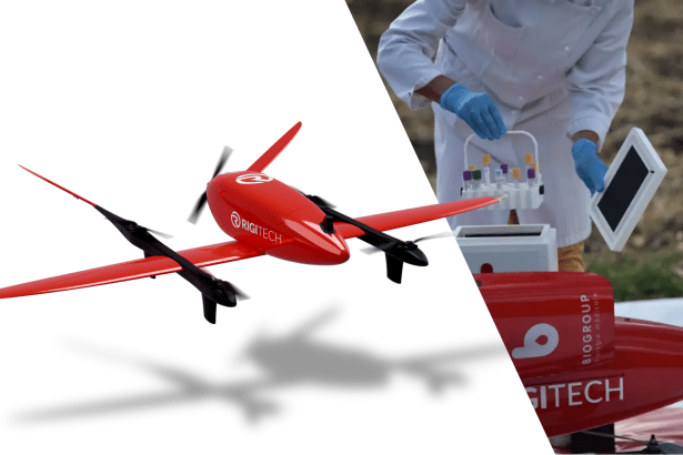 Red autonomous medical drone designed for Dragon’s Heart project, supporting Welsh Blood Service and NHS Wales.