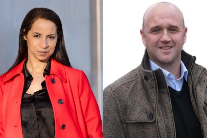 Composite image showing South Wales PCC Emma Wools on the left and Dyfed‑Powys PCC Dafydd Llywelyn on the right, pictured together in a montage.