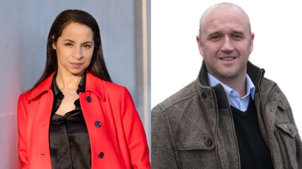 Composite image showing South Wales PCC Emma Wools on the left and Dyfed‑Powys PCC Dafydd Llywelyn on the right, pictured together in a montage.