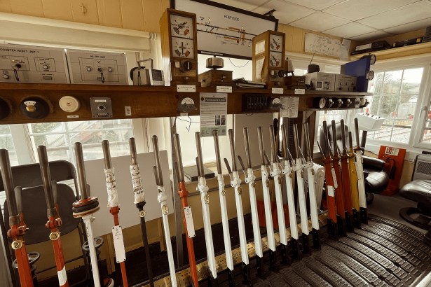 Interior of Ferryside Signal Box showing historic lever frame.
