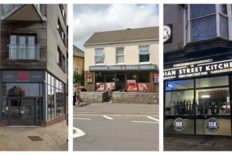 Collage showing the storefronts of Joyato Sushi and Grill, Saporito Pizza & Grill House, and Indian Street Kitchen in Swansea.