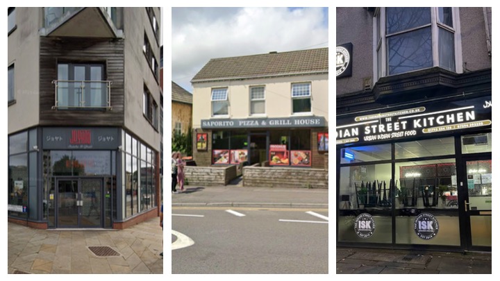 Collage showing the storefronts of Joyato Sushi and Grill, Saporito Pizza & Grill House, and Indian Street Kitchen in Swansea.