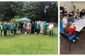 Montage image showing volunteers from Friends of Jersey Park on one side and children taking part in a group activity at Noddfa Community Centre on the other.
