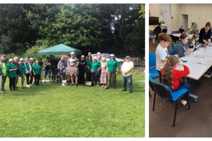 Montage image showing volunteers from Friends of Jersey Park on one side and children taking part in a group activity at Noddfa Community Centre on the other.